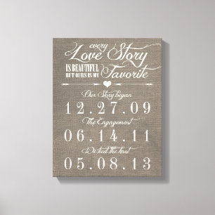Rustic Grey Burlap Story Wedding Date Canvas Print