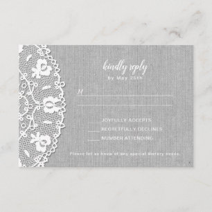 Rustic Grey Canvas + White Lace wedding RSVP Card