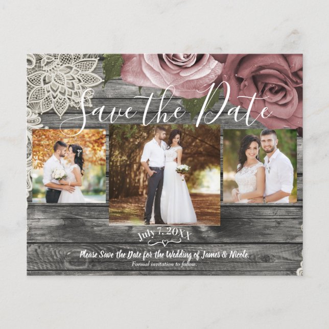 Rustic Grey Dusty Pink Roses Photo Save the Date (Front)