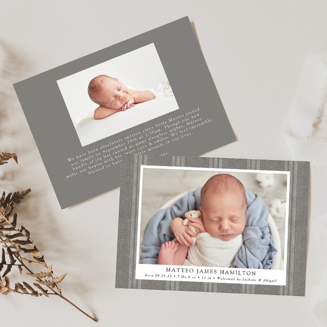 Rustic Grey Farmhouse Linen Stripes Photo Birth Announcement (Creator Uploaded)