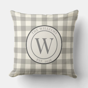 Rustic Grey Gingham Monogram Family Crest Cushion