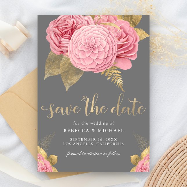 Rustic Grey Gold Dusty Pink Floral Wedding Save The Date (Creator Uploaded)