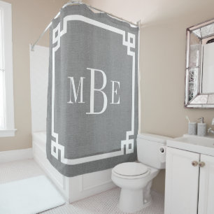 Rustic Grey Greek Key Border Monogram   Farmhouse Shower Curtain