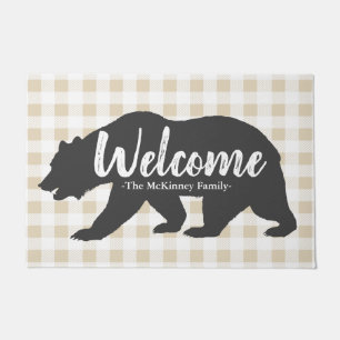 Rustic Grey Grizzly Bear & Plaid Family Name Doormat