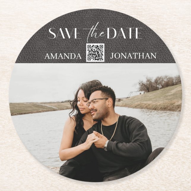 Rustic Grey Leather Photo QR Code Save the Date Round Paper Coaster (Front)