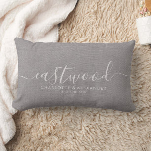 Rustic Grey Linen Effect White Script Name Lumbar Cushion
