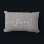 Rustic Grey Linen Effect White Script Name Lumbar Cushion<br><div class="desc">Personalised throw pillow in a rustic linen effect pillow with a monogram script last name and serif first names,  with your wedding date. A great gift for newlyweds,  and anniversaries. Customise as a gift or keepsake.</div>