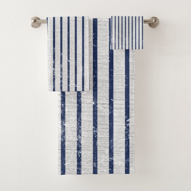 Rustic Grey Linen & Navy Blue Stripes Pattern   Bath Towel Set (Insitu)