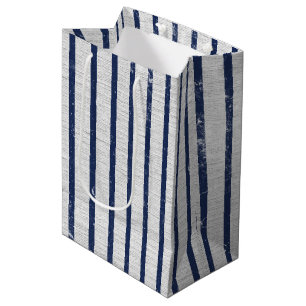 Rustic Grey Linen & Navy Blue Stripes Pattern  Medium Gift Bag