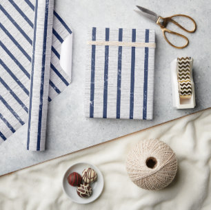 Rustic Grey Linen & Navy Blue Stripes Pattern  Wrapping Paper