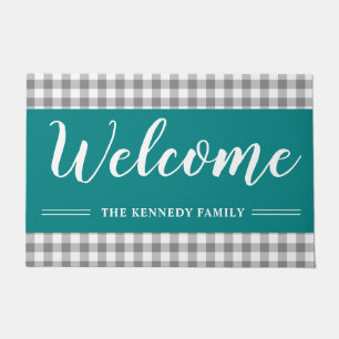 Rustic Grey Plaid Family Name Teal Welcome Doormat
