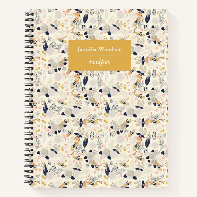 Rustic Grey Rose Floral Pattern Custom Name Recipe Notebook (Front)