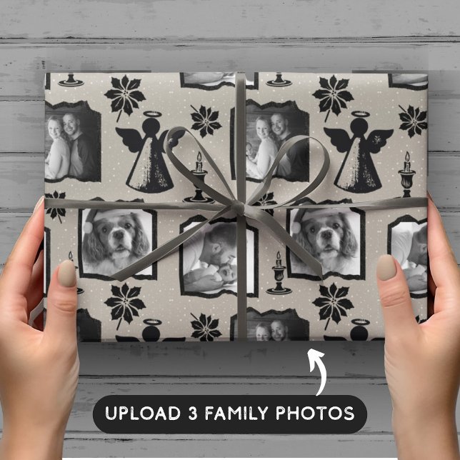 Rustic Grey Stamped Angel 3 Family Photo Wrapping Paper (Creator Uploaded)