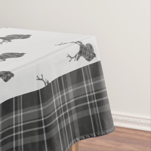 Rustic Grey Tartan And Stag Head Antler Tablecloth