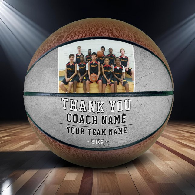 Rustic Grey Thank you Coach Team Name Photo Basketball (Creator Uploaded)