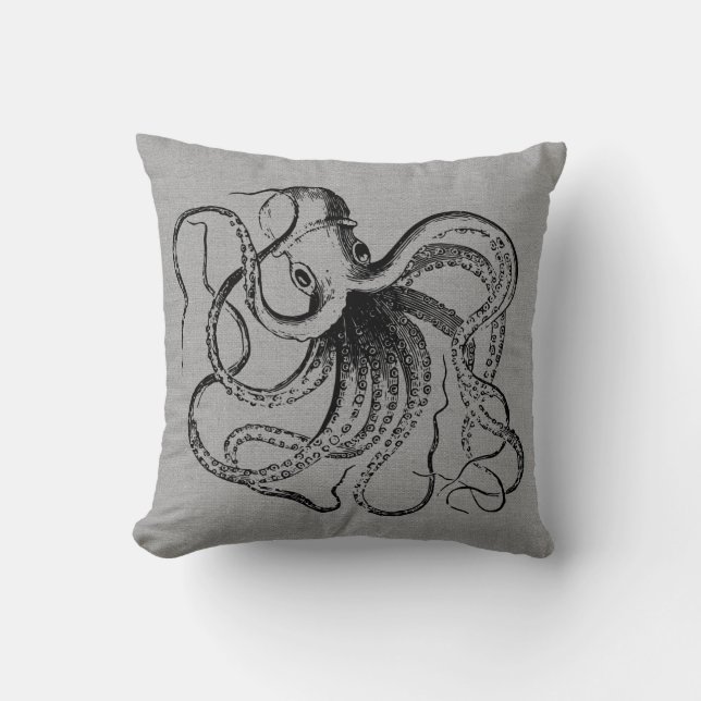 Rustic Grey Vintage Octopus Illustration Cushion (Front)