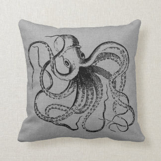 Rustic Grey Vintage Octopus Illustration Cushion