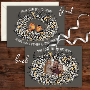 Rustic Grey Vintage Style Bird Nest Family Photo Holiday Card