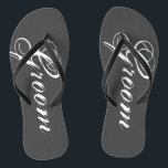Rustic grey wedding flip flops for bride and groom<br><div class="desc">Rustic wedding flip flops for groom and bride or guests. Custom strap colour for him and her / men and women. Customisable grey / grey background colour and personalizable with name initials ormonogram. Modern black and white his and hers wedge sandals with stylish script calligraphy typography. Cute party favour for...</div>