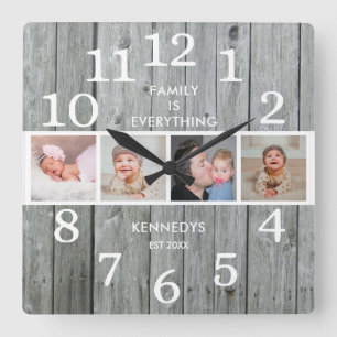 Rustic Grey Wood 4 Photo Family Quote Farmhouse Square Wall Clock