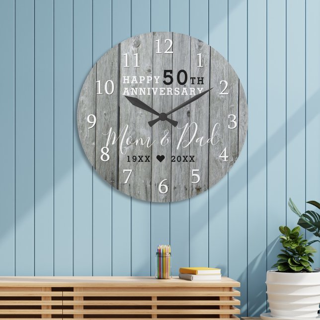 Rustic Grey Wood  50th Gold Wedding Anniversary Large Clock (Rustic Gray Wood 50th Gold Wedding Anniversary Large Clock)
