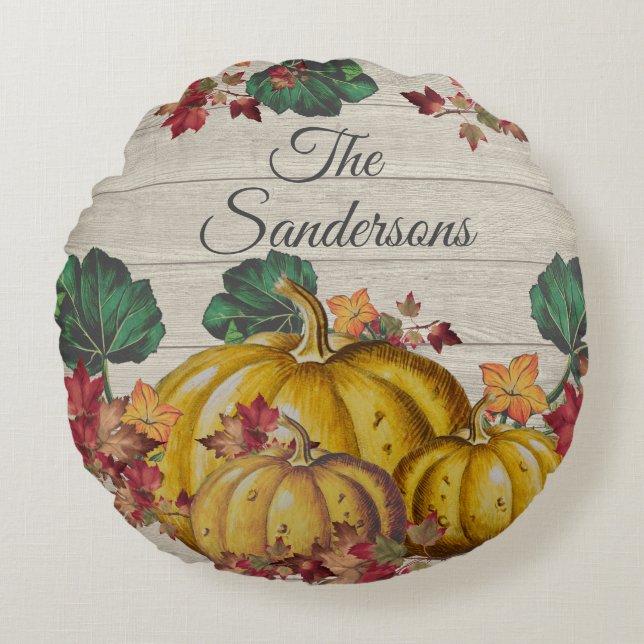 Rustic Grey Wood Autumn Orange Pumpkin Fall Leaves Round Cushion (Front)