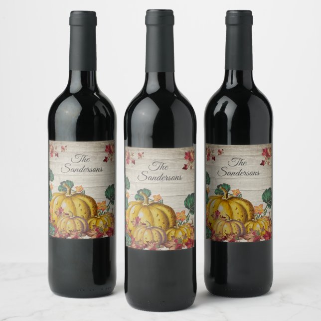 Rustic Grey Wood Autumn Orange Pumpkin Fall Leaves Wine Label (Bottles)