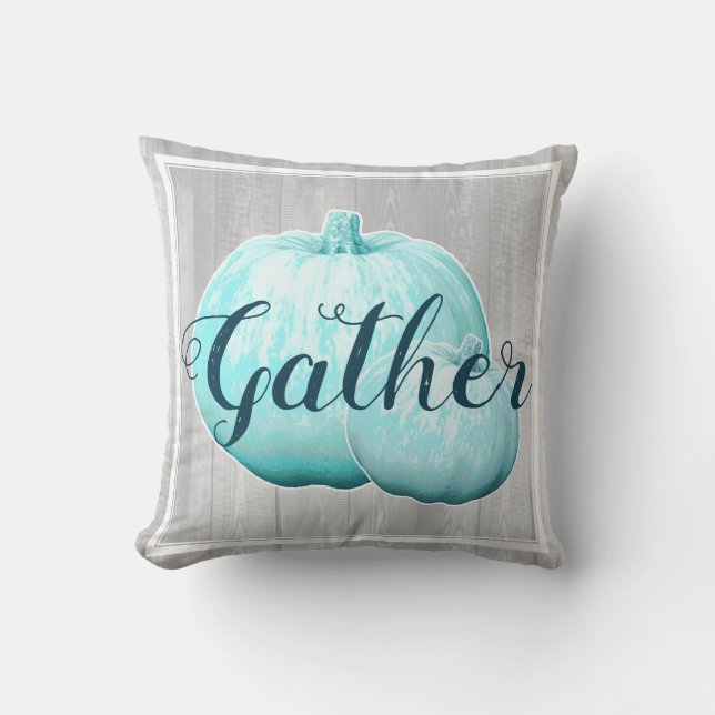 Rustic Grey Wood & Blue Pumpkins Gather Script Cushion (Front)