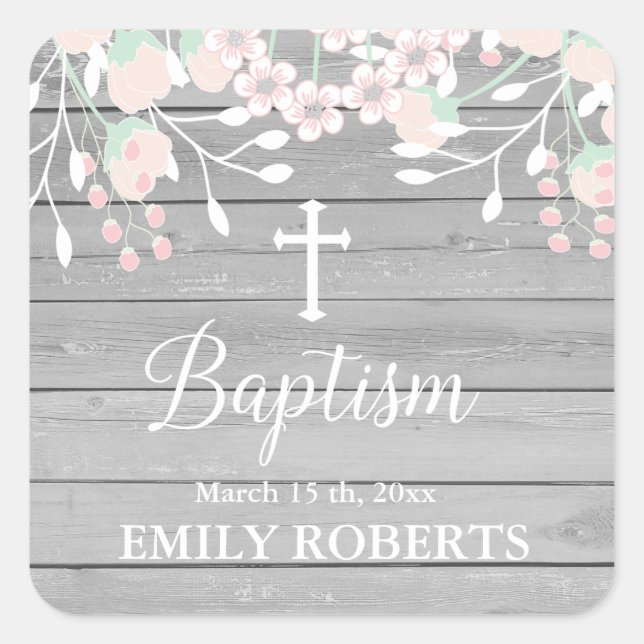Rustic grey wood blush floral baptism square sticker (Front)