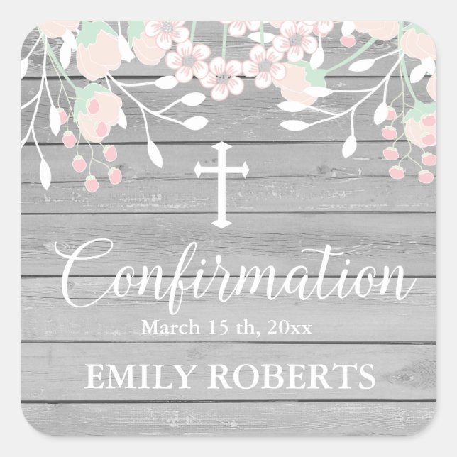 Rustic grey wood blush floral conformation square sticker (Front)