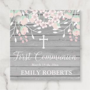 Rustic grey wood blush floral first communion favour tags