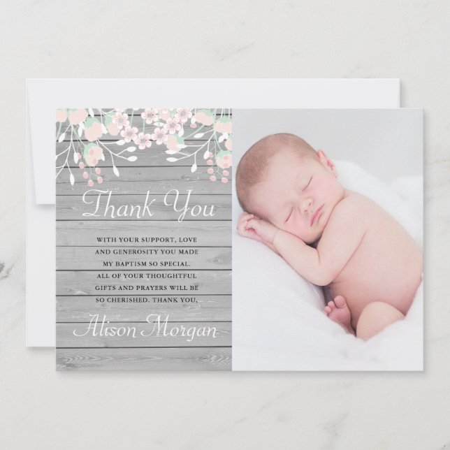 Rustic grey wood blush floral thank you card (Front)