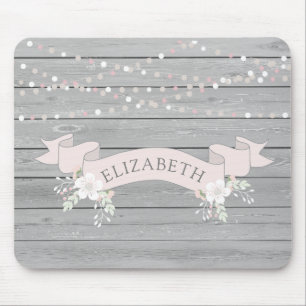 Rustic grey wood blush ribbon monogram mouse pad