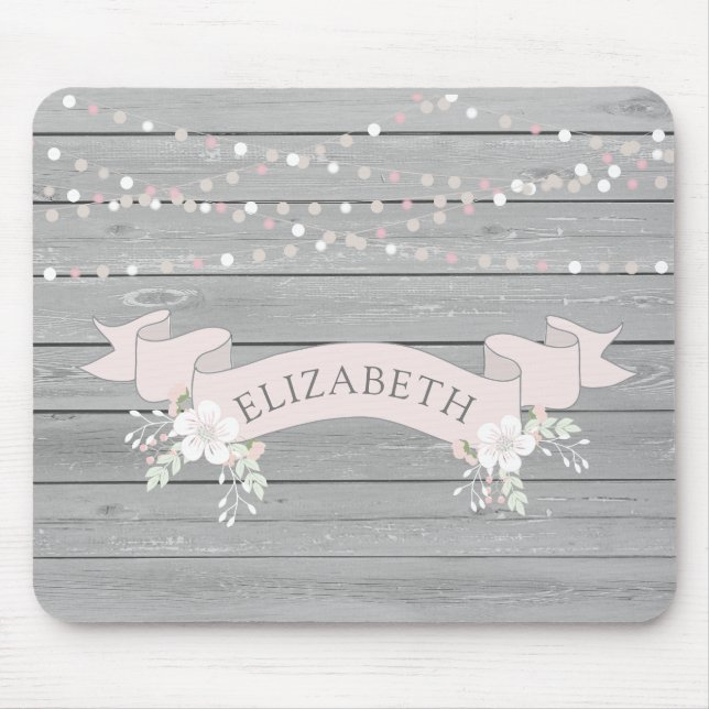 Rustic grey wood blush ribbon monogram mouse pad (Front)