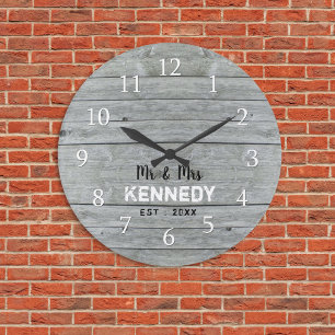 Rustic Grey Wood Couple Name Wedding Anniversary  Large Clock