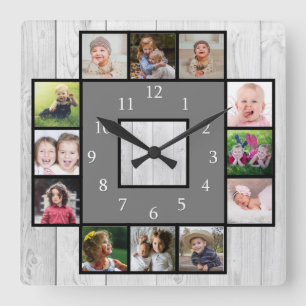 Rustic Grey Wood Create Your Own 12 Photo Collage Square Wall Clock