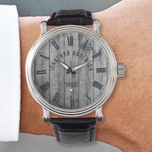 Rustic Grey Wood Custom Name Farmhouse Watch