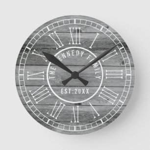 Rustic Grey Wood Family Name White Roman Numeral Round Clock