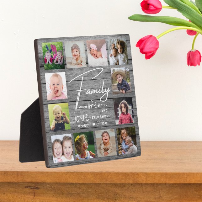 Rustic Grey Wood Family Quote 12 Photo Collage    Plaque (Creator Uploaded)