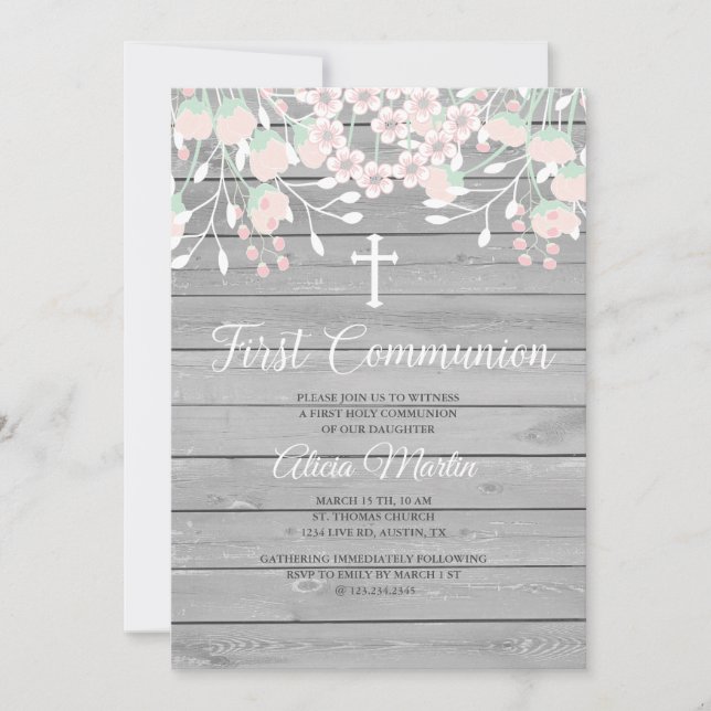 Rustic Grey wood floral first communion invitation (Front)