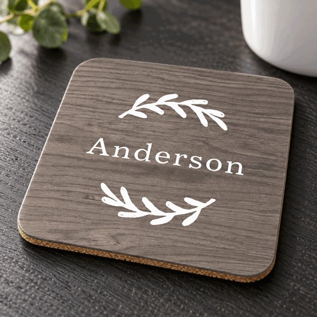 Rustic Grey Wood Laurel Monogram Name Coaster (Creator Uploaded)