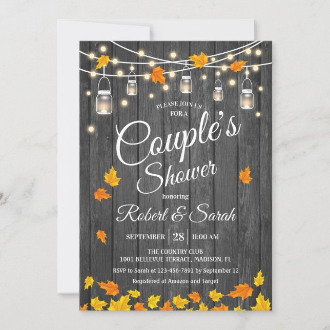 Rustic Grey Wood Leaves Couple's Shower Invitation (Front)