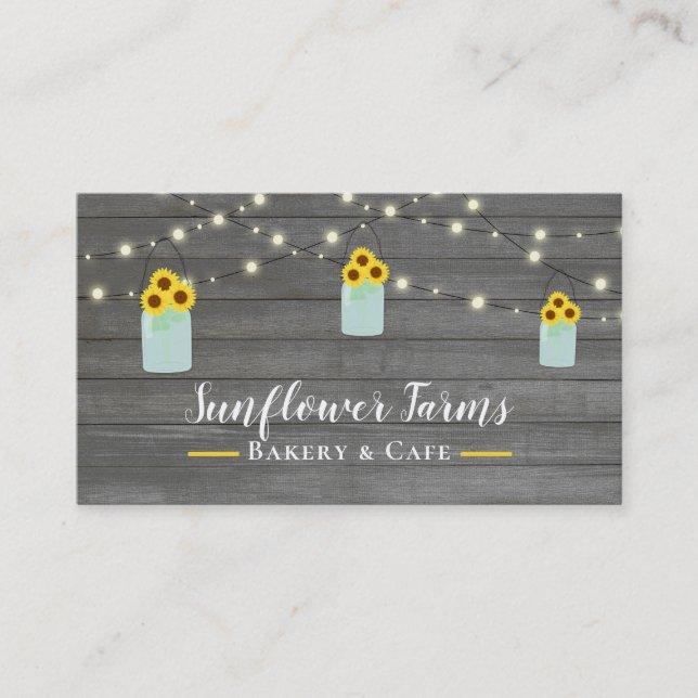 Rustic Grey Wood Lights & Mason Jar Sunflowers Business Card (Front)