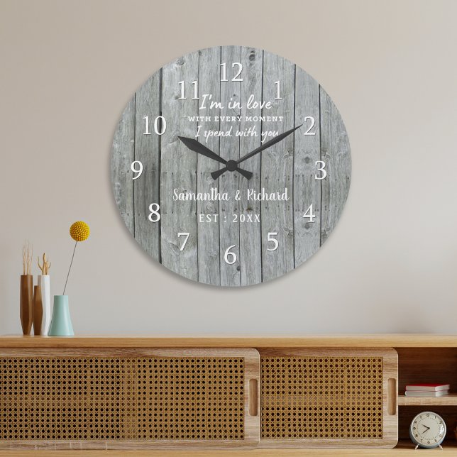 Rustic Grey Wood Love Quote Wedding Anniversary   Large Clock (Rustic Gray Wood Love Quote Wedding Anniversary Large Clock)