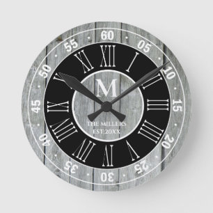 Rustic Grey Wood Monogram Roman Numeral Farmhouse Round Clock
