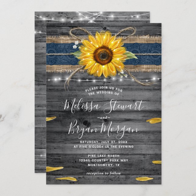 Rustic Grey Wood Navy Blue Lace Sunflower Wedding Invitation (Front/Back)