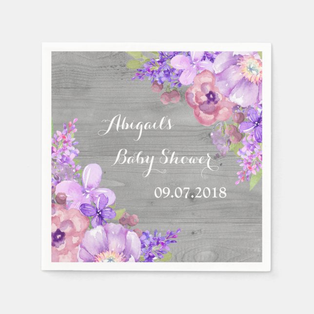 Rustic Grey Wood Purple Floral Baby Shower Napkins (Front)