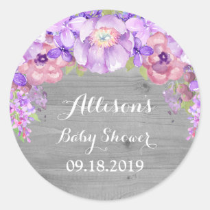 Rustic Grey Wood Purple Floral Baby Shower Tag