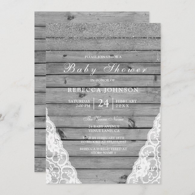 Rustic Grey Wood Silver White Lace Baby Shower Invitation (Front/Back)