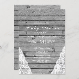 Rustic Grey Wood Silver White Lace Baby Shower Invitation